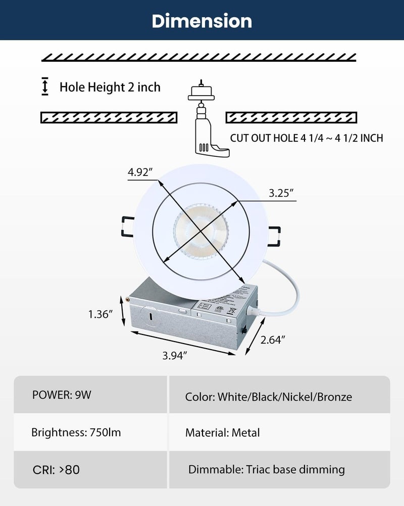 POPANU 4inch Gimbal LED Recessed Light Recessed LED 4 inch White Swivel Gimbal Canless Light 360° Rotation 90° Tilt 4" 9W Eyeball Lighting Dimmable Adjustable Can Spotlights 5CCT White 4 inch 6 Pack - Image 4